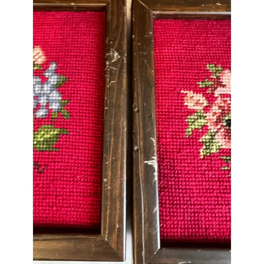 Pair of Vintage framed Finished needlepoint pieces Floral